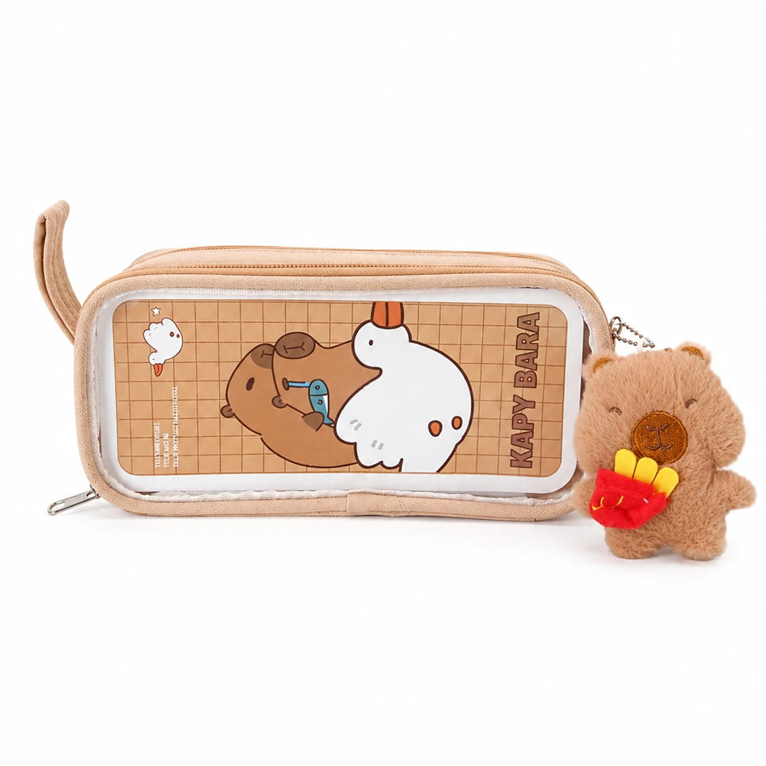 Kapybara Plush Dual-Zip Transparent Pencil Pouch Brown