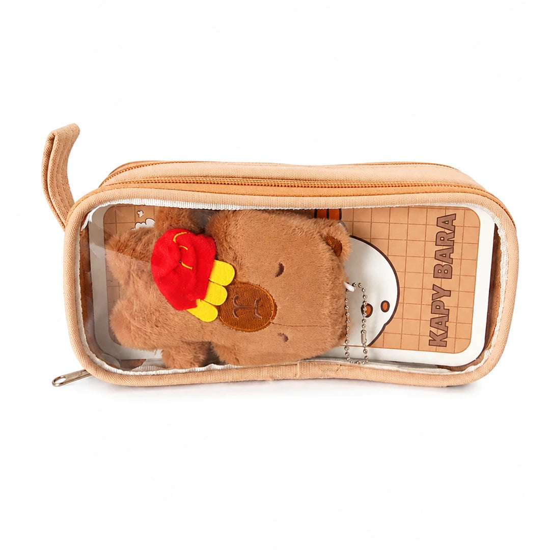 Kapybara Plush Dual-Zip Transparent Pencil Pouch Brown