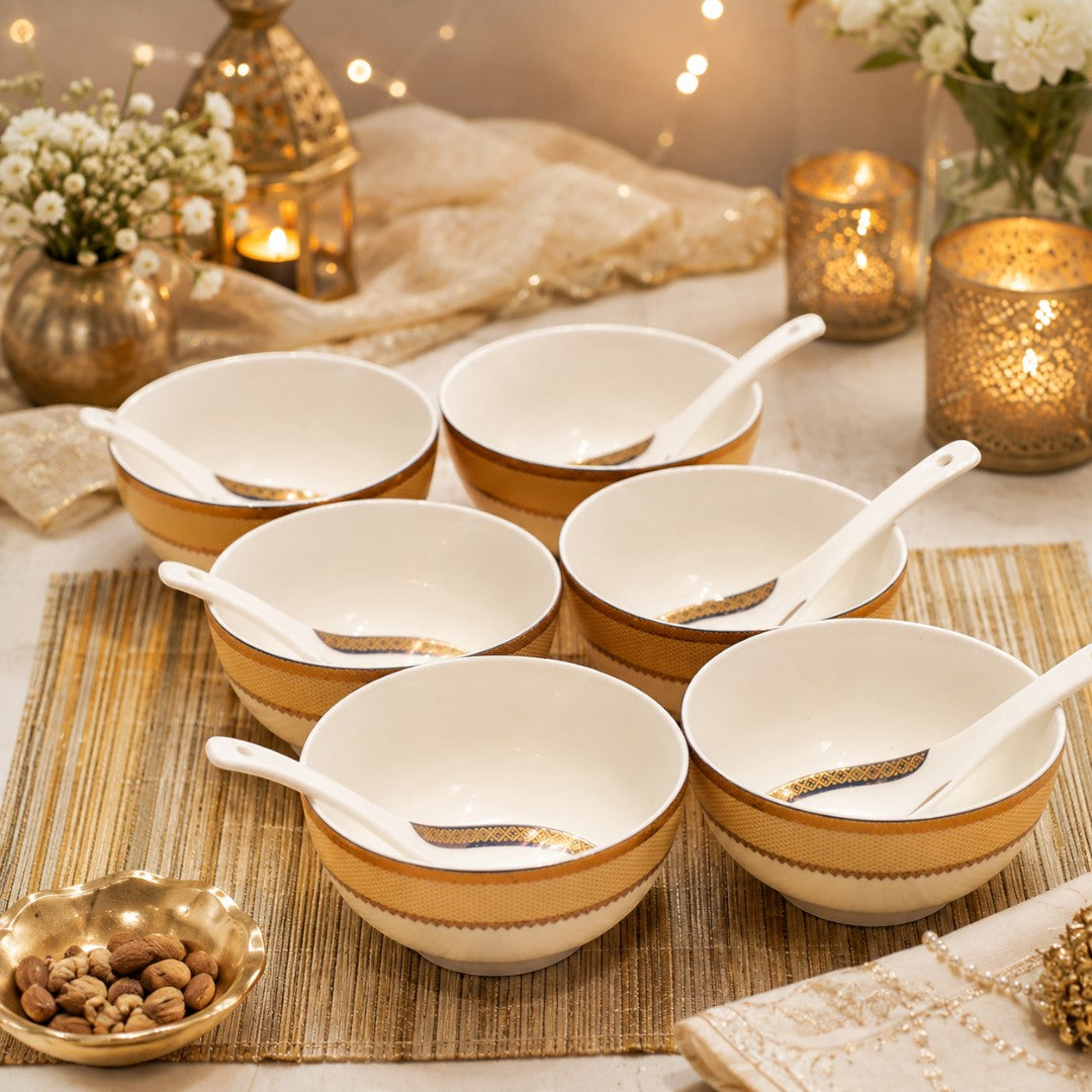 Golden Bloom Ceramic Bowl & Spoon Set