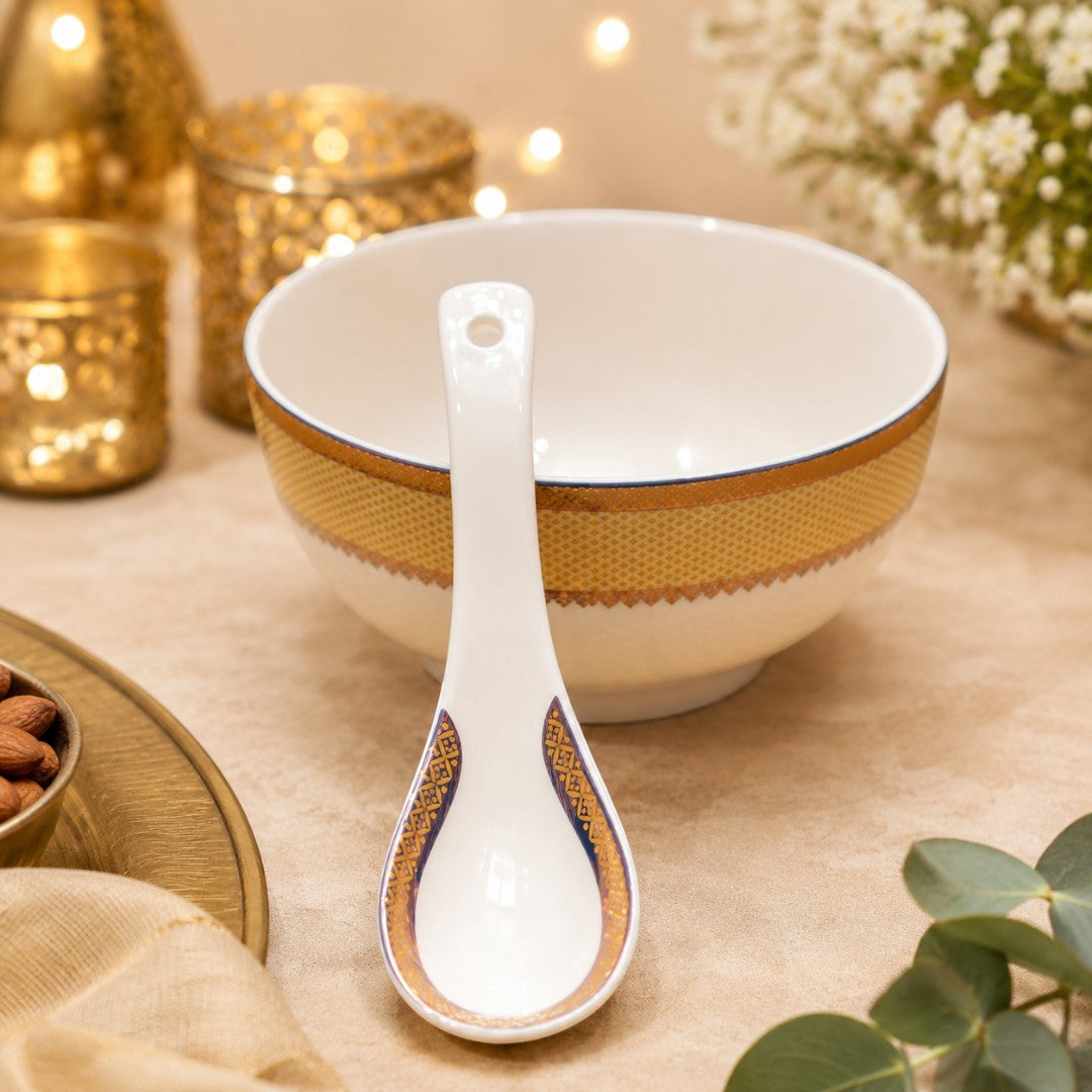 Golden Bloom Ceramic Bowl & Spoon Set