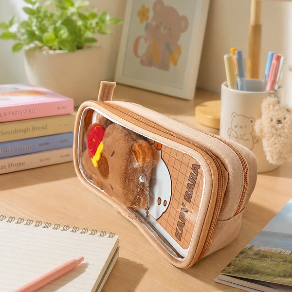 Kapybara Plush Dual-Zip Transparent Pencil Pouch Brown