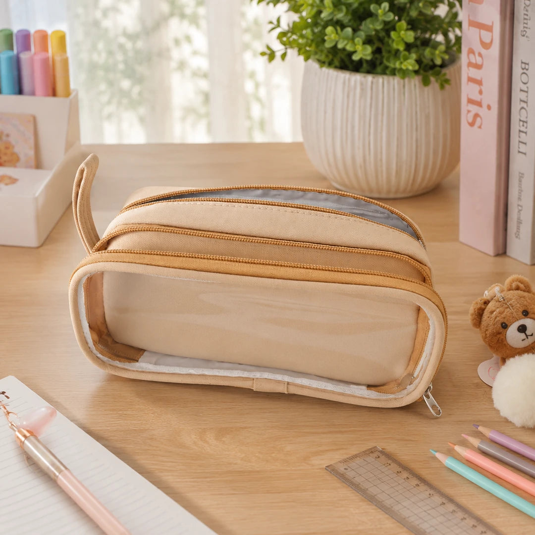 Kapybara Plush Dual-Zip Transparent Pencil Pouch Brown