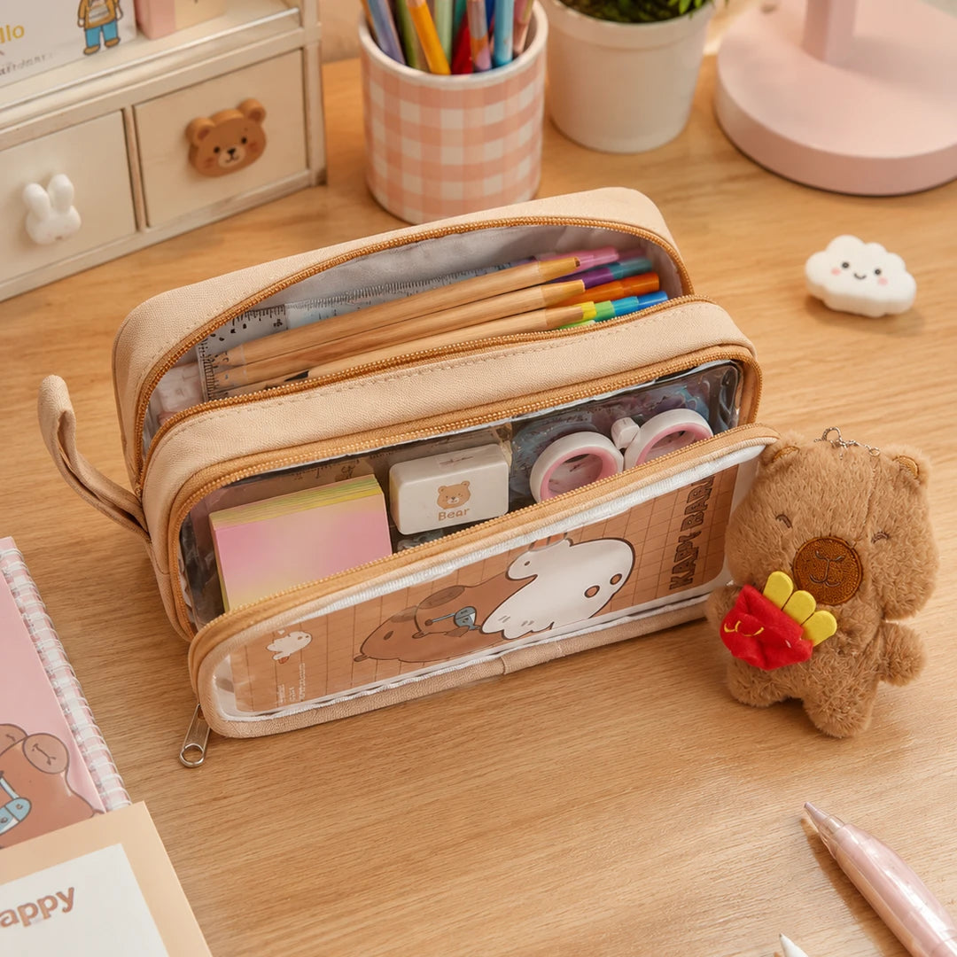 Kapybara Plush Dual-Zip Transparent Pencil Pouch Brown