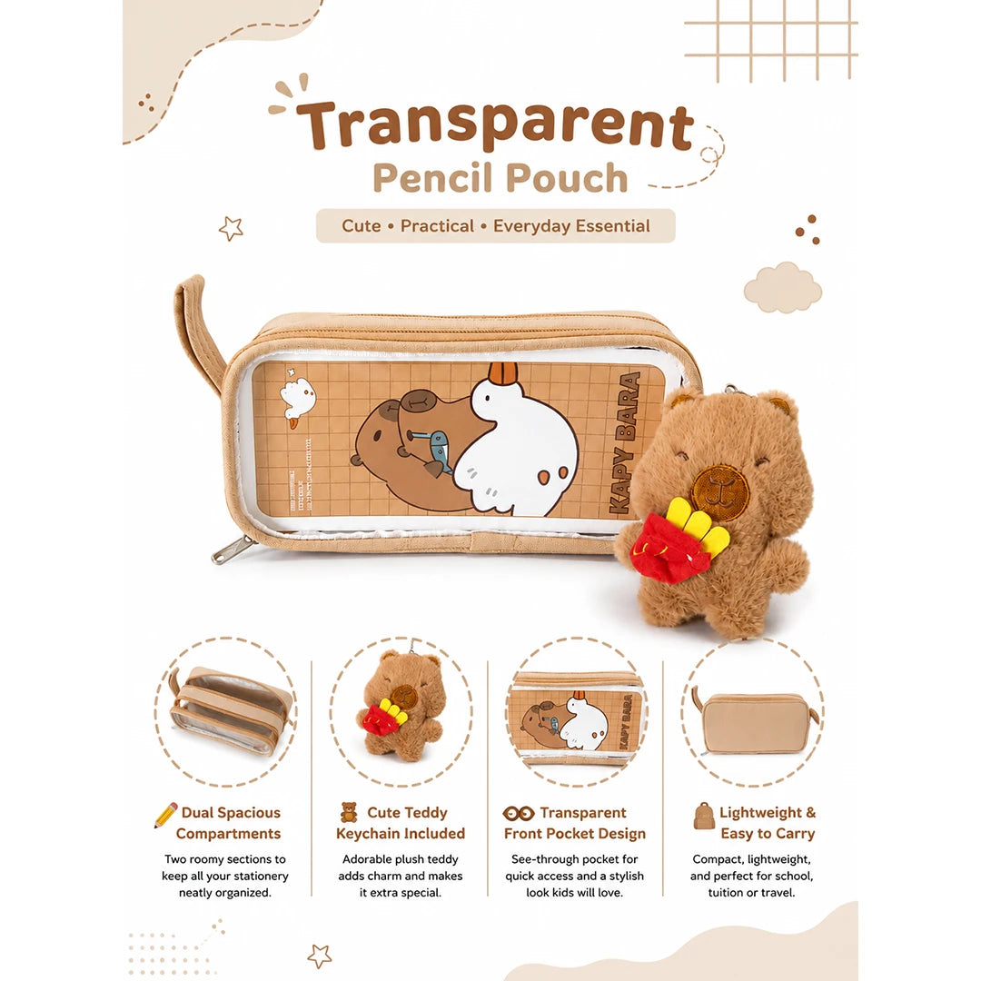 Kapybara Plush Dual-Zip Transparent Pencil Pouch Brown