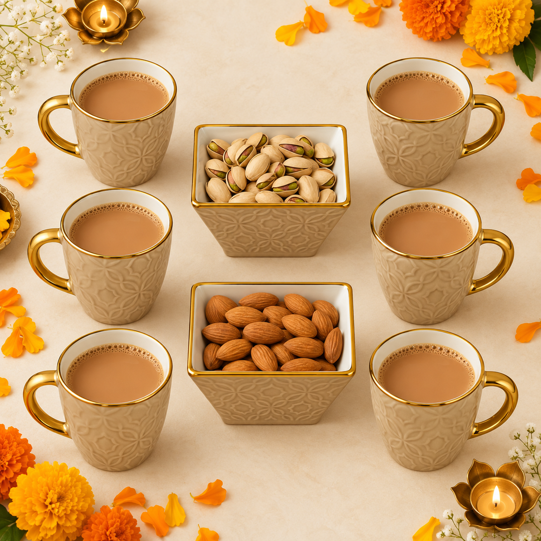 Beige Embossed Tea & Snack Set
