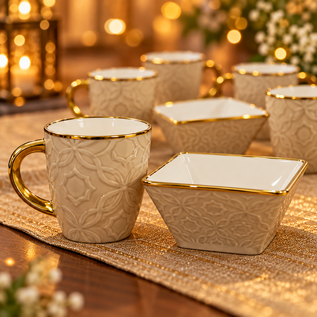 Beige Embossed Tea & Snack Set