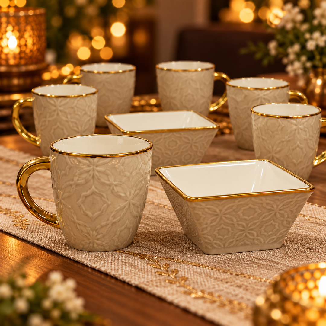 Beige Embossed Tea & Snack Set