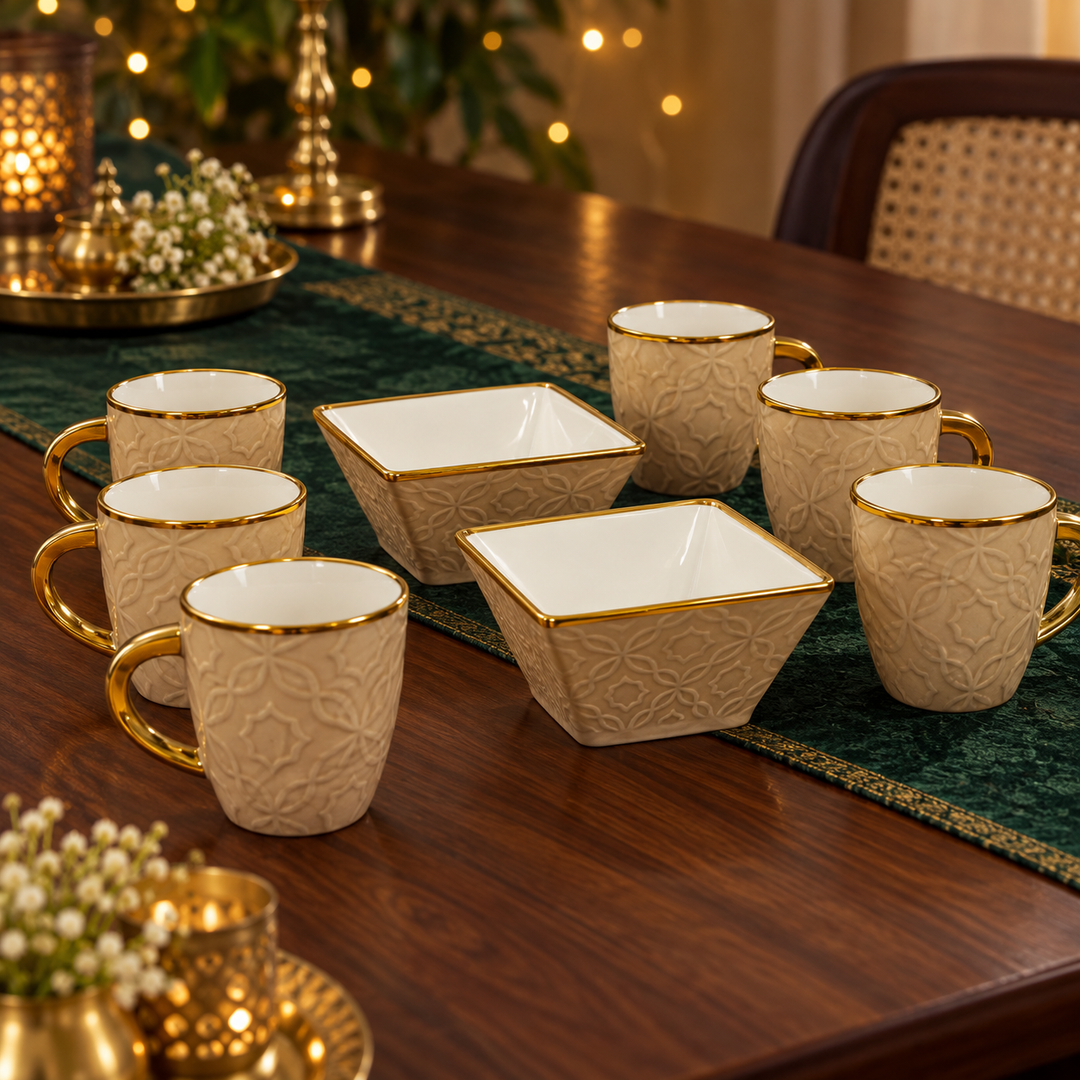 Beige Embossed Tea & Snack Set