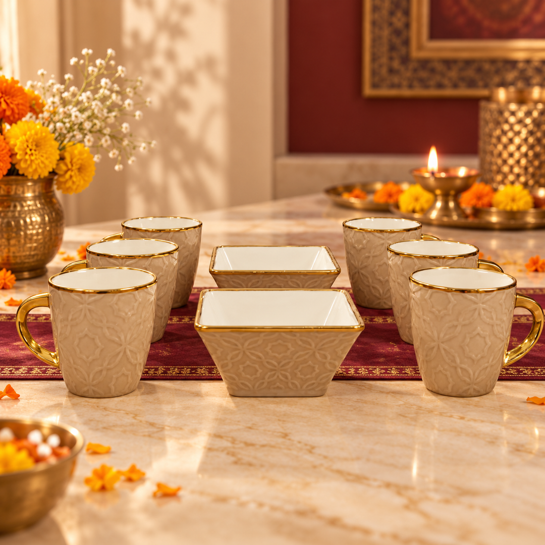 Beige Embossed Tea & Snack Set