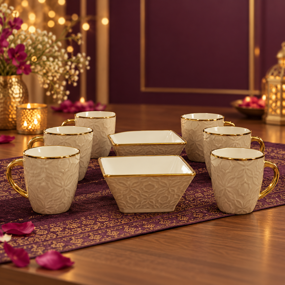 Beige Embossed Tea & Snack Set