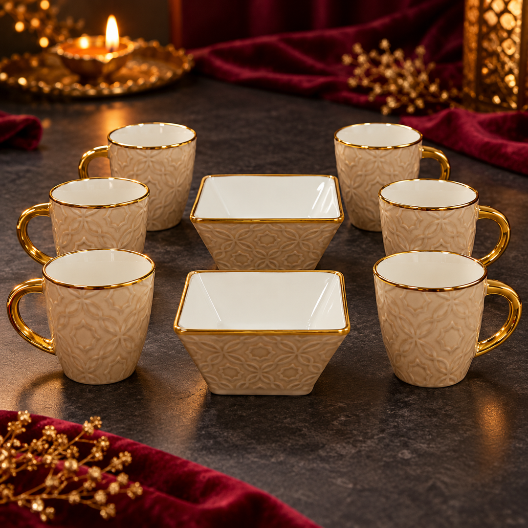 Beige Embossed Tea & Snack Set