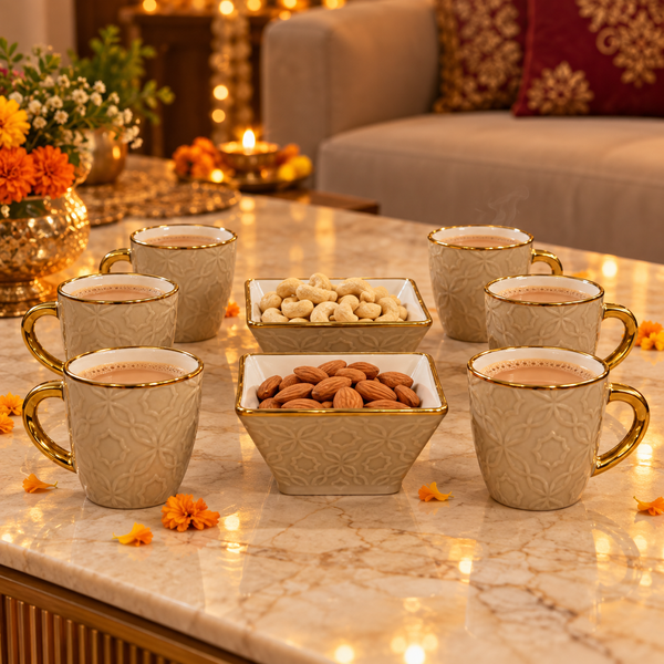 Beige Embossed Tea & Snack Set
