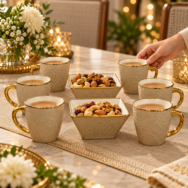 Beige Embossed Tea & Snack Set