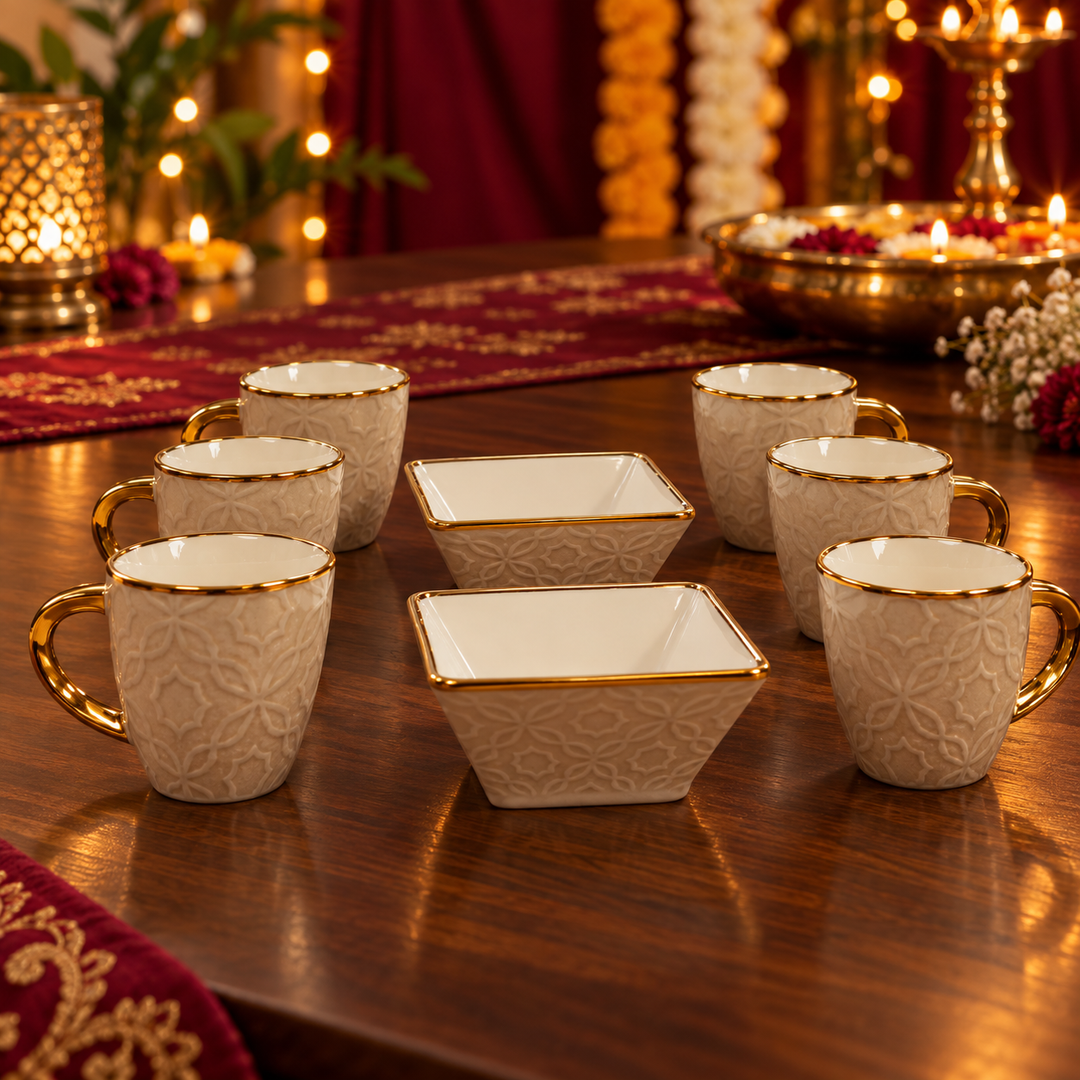Beige Embossed Tea & Snack Set