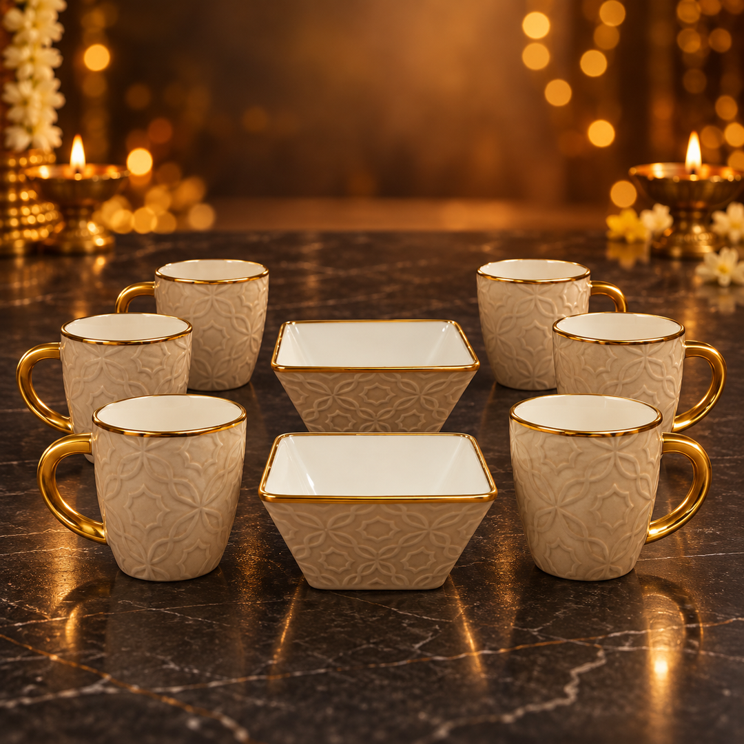 Beige Embossed Tea & Snack Set