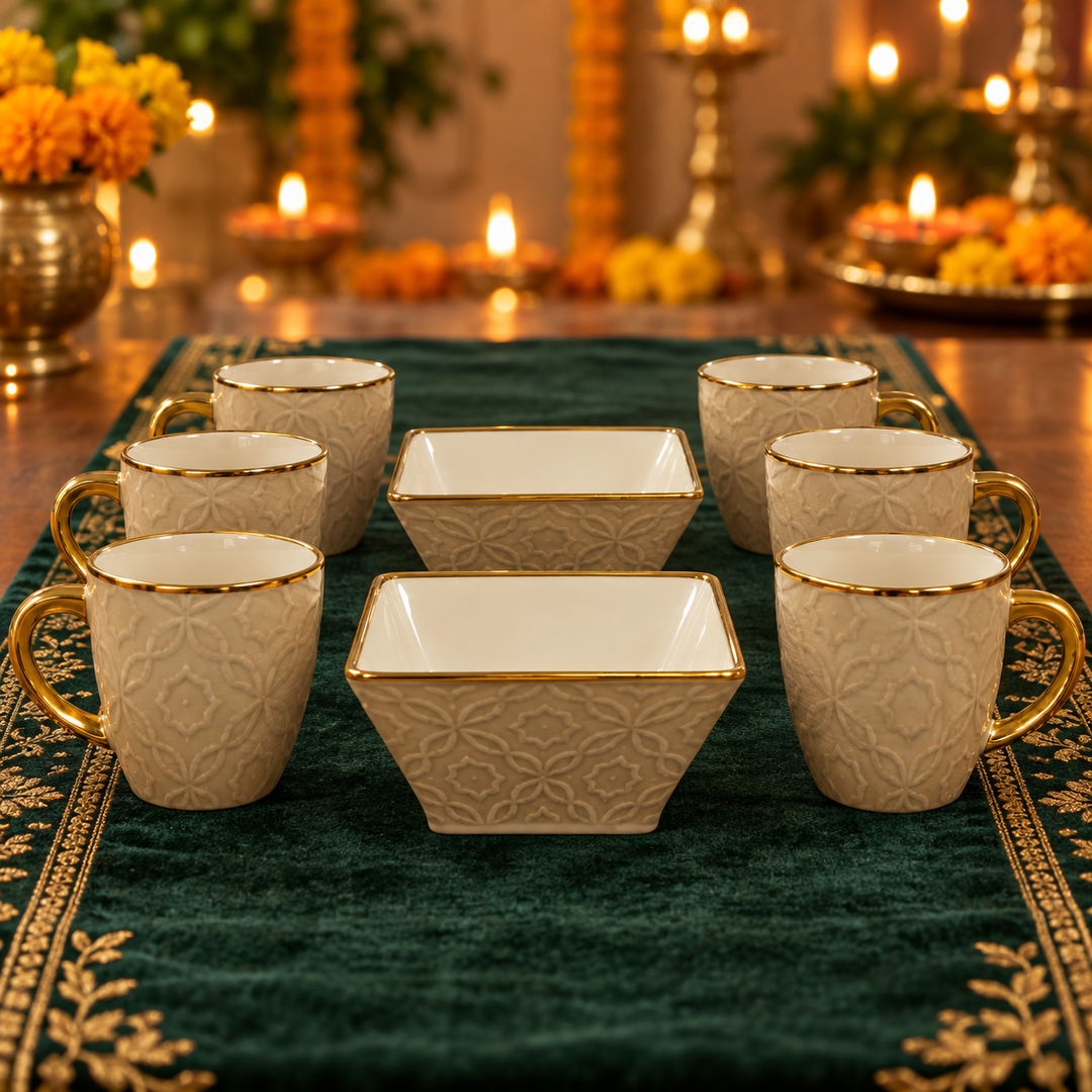 Beige Embossed Tea & Snack Set