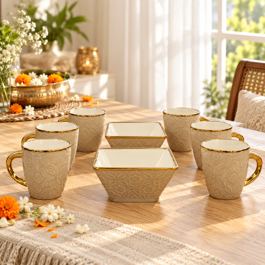 Beige Embossed Tea & Snack Set