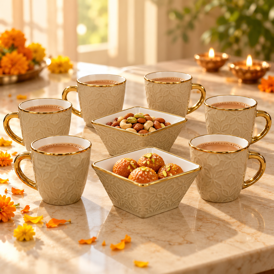 Beige Embossed Tea & Snack Set