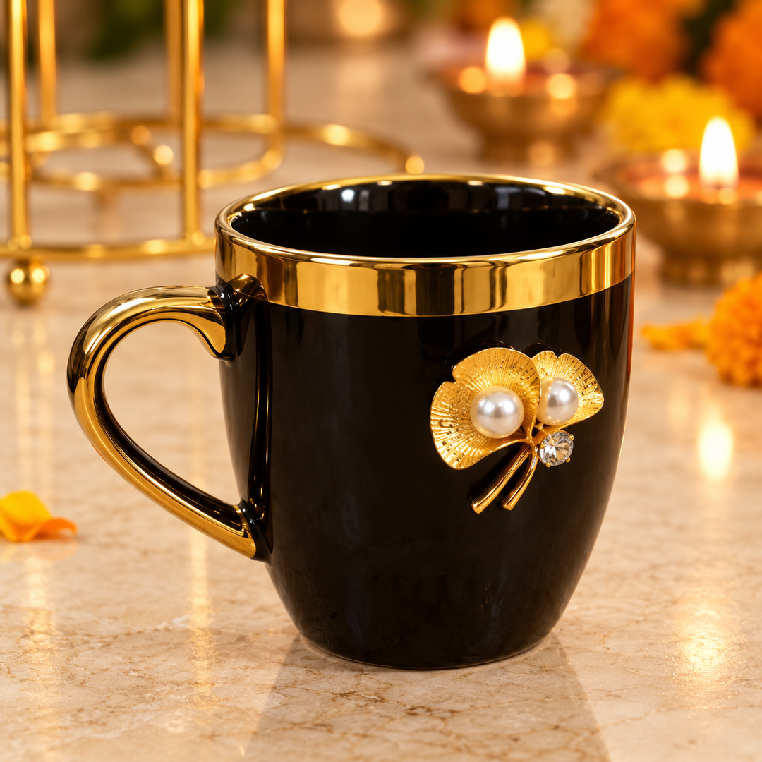 Royal Black and Gold Cup Set with Stand