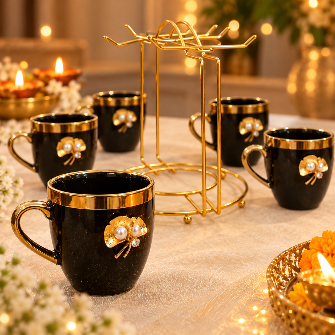 Royal Black and Gold Cup Set with Stand
