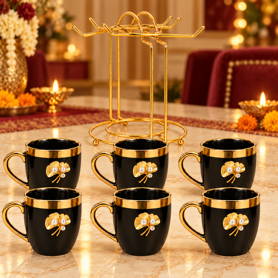Royal Black and Gold Cup Set with Stand
