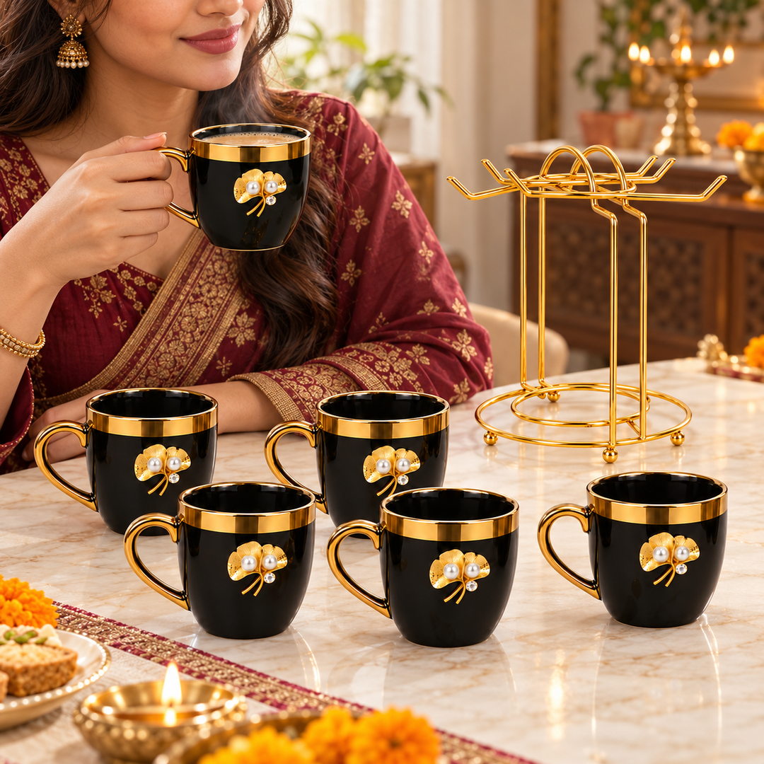 Royal Black and Gold Cup Set with Stand