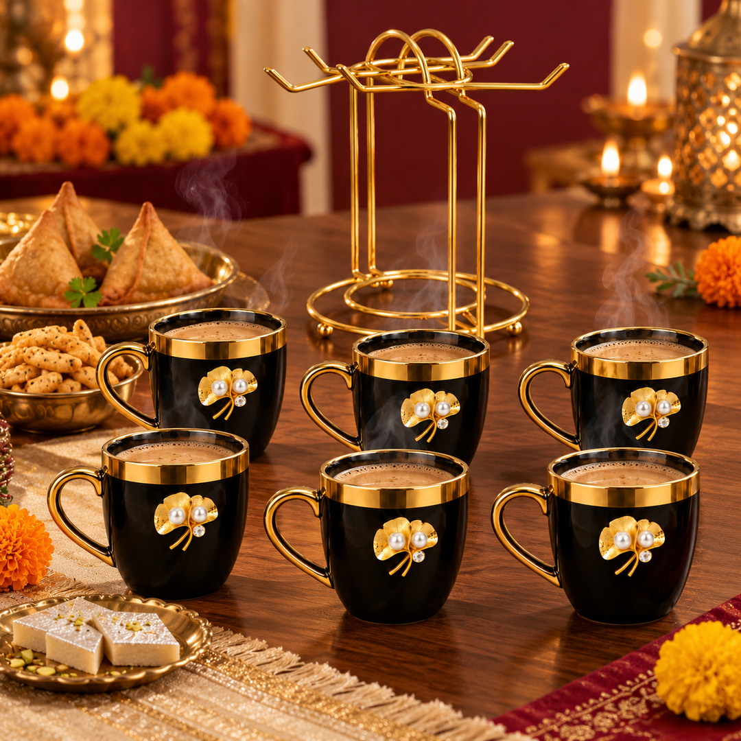 Royal Black and Gold Cup Set with Stand