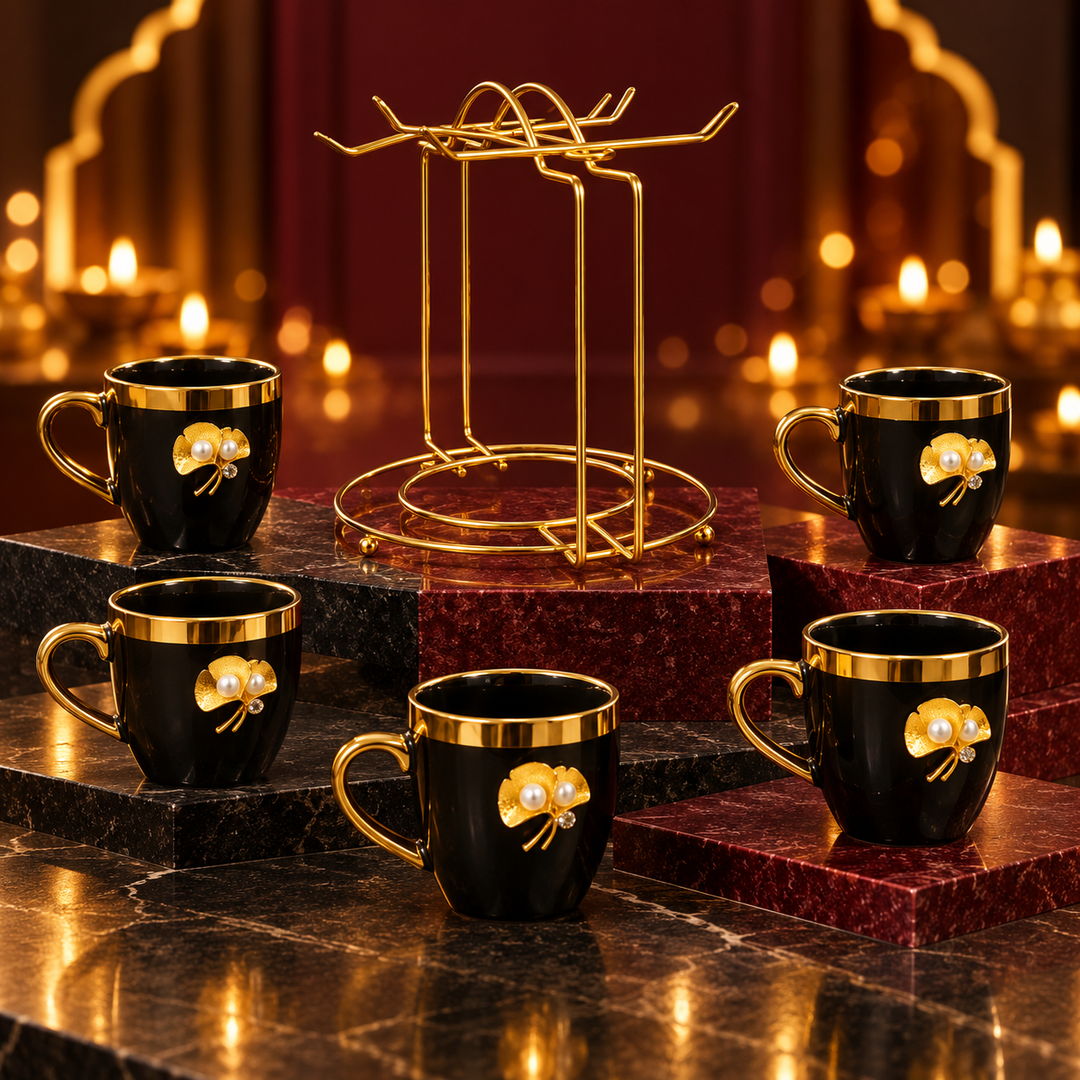 Royal Black and Gold Cup Set with Stand