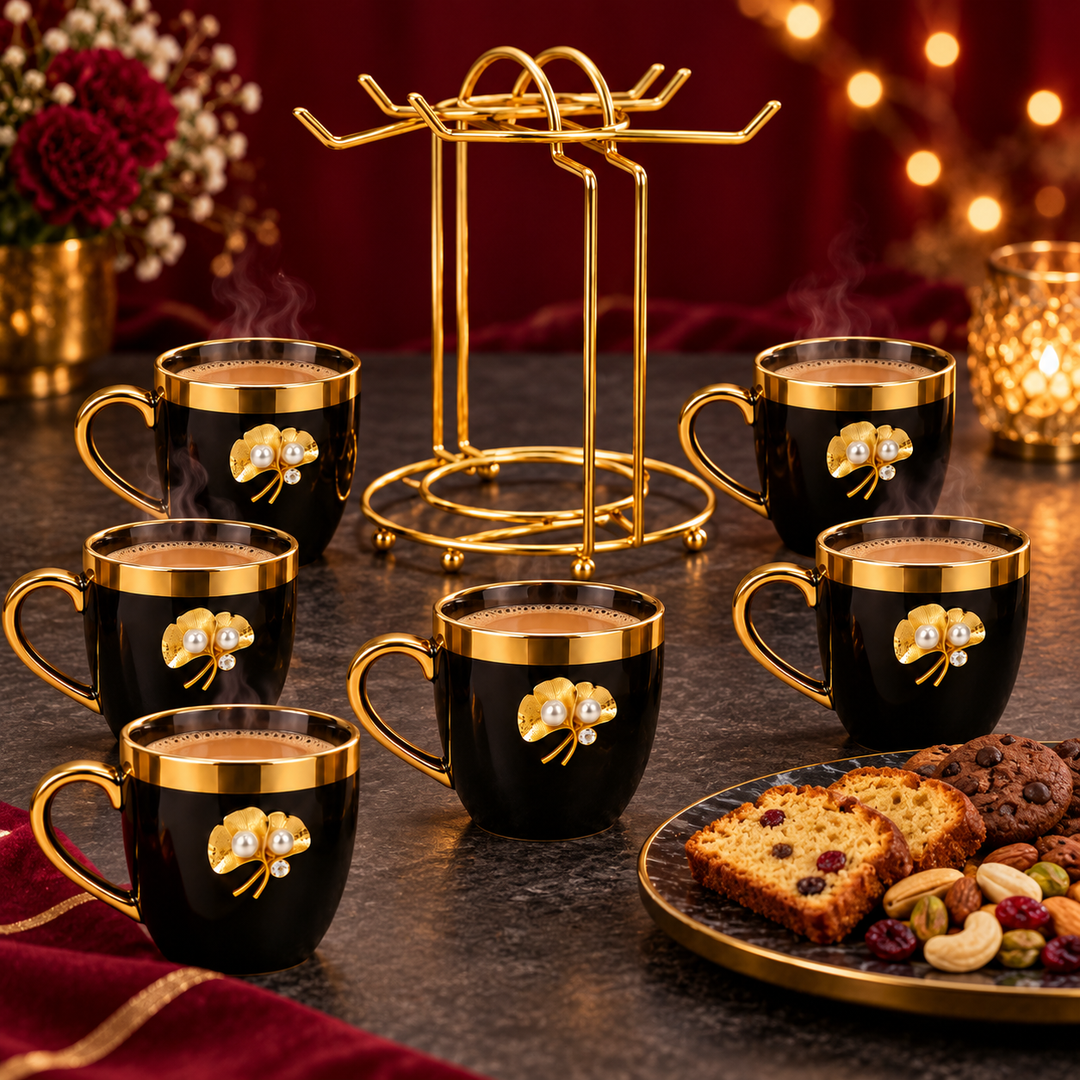 Royal Black and Gold Cup Set with Stand