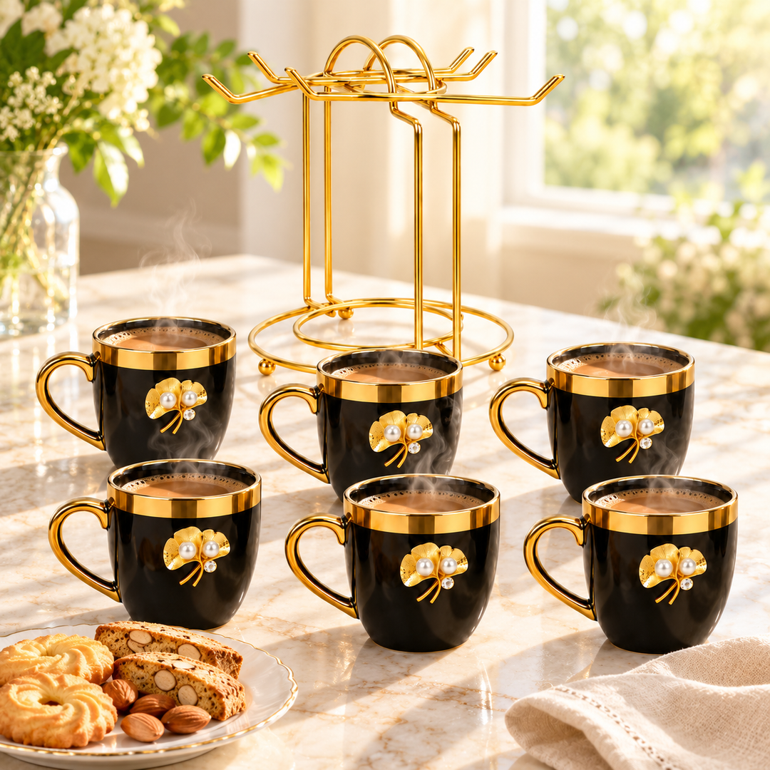 Royal Black and Gold Cup Set with Stand
