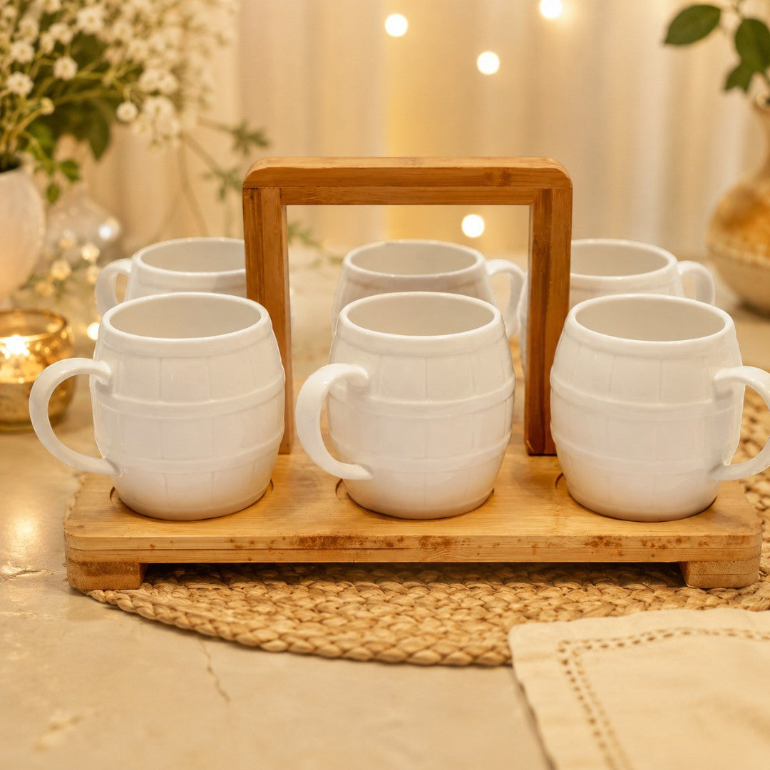 Barrel-Style Ceramic Mug Set with Wooden Carry Stand