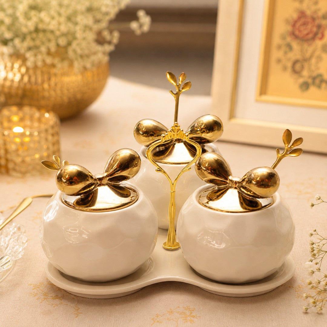 Elegant Ceramic Spice Jar Set with Golden Leaf Lids