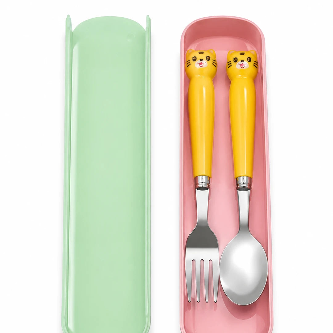 Kitty Charm Kids Spoon & Fork Set with Travel Case
