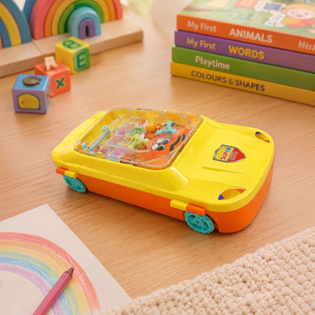 Yellow Car-Shaped Password Lock Pencil Box with Mini Pinball Game