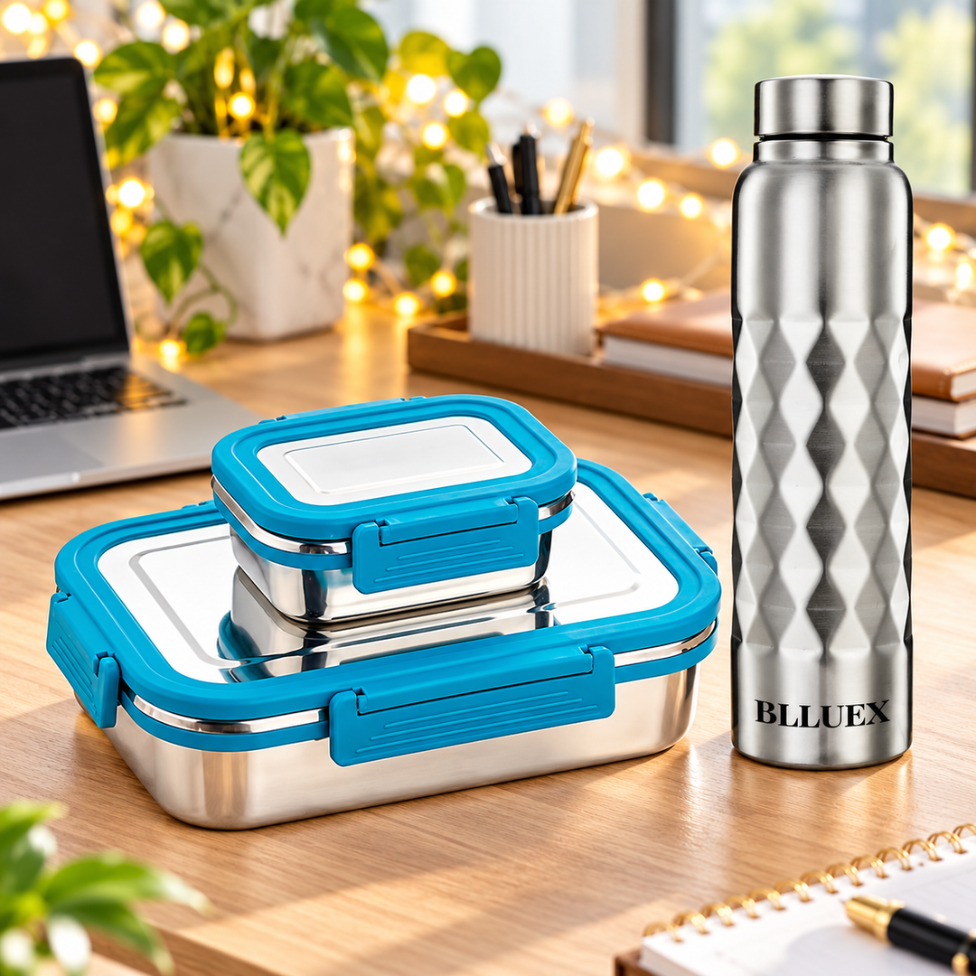 Silver Wave Lunch Box and Bottle Combo