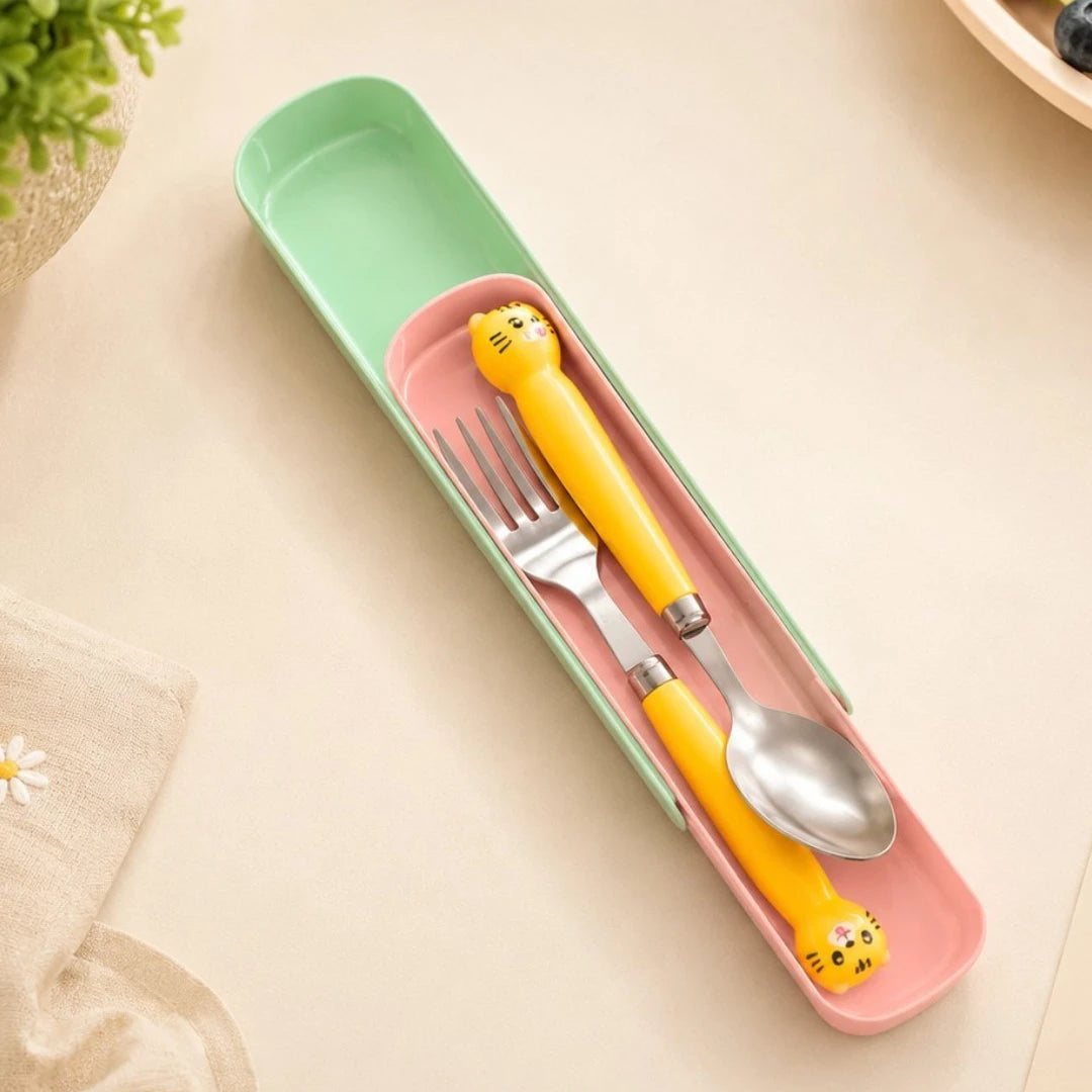 Kitty Charm Kids Spoon & Fork Set with Travel Case