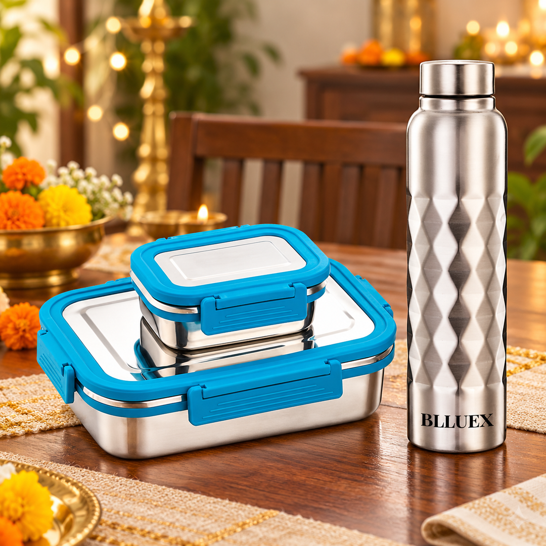 Silver Wave Lunch Box and Bottle Combo