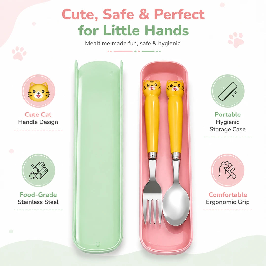 Kitty Charm Kids Spoon & Fork Set with Travel Case