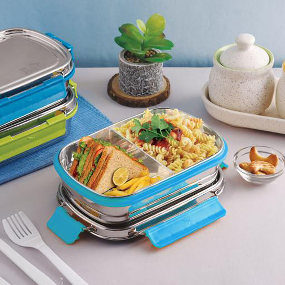Stainless Steel Tiffin Lunch Box with 4 Side Silicone Sleeve Clip Lock Lid