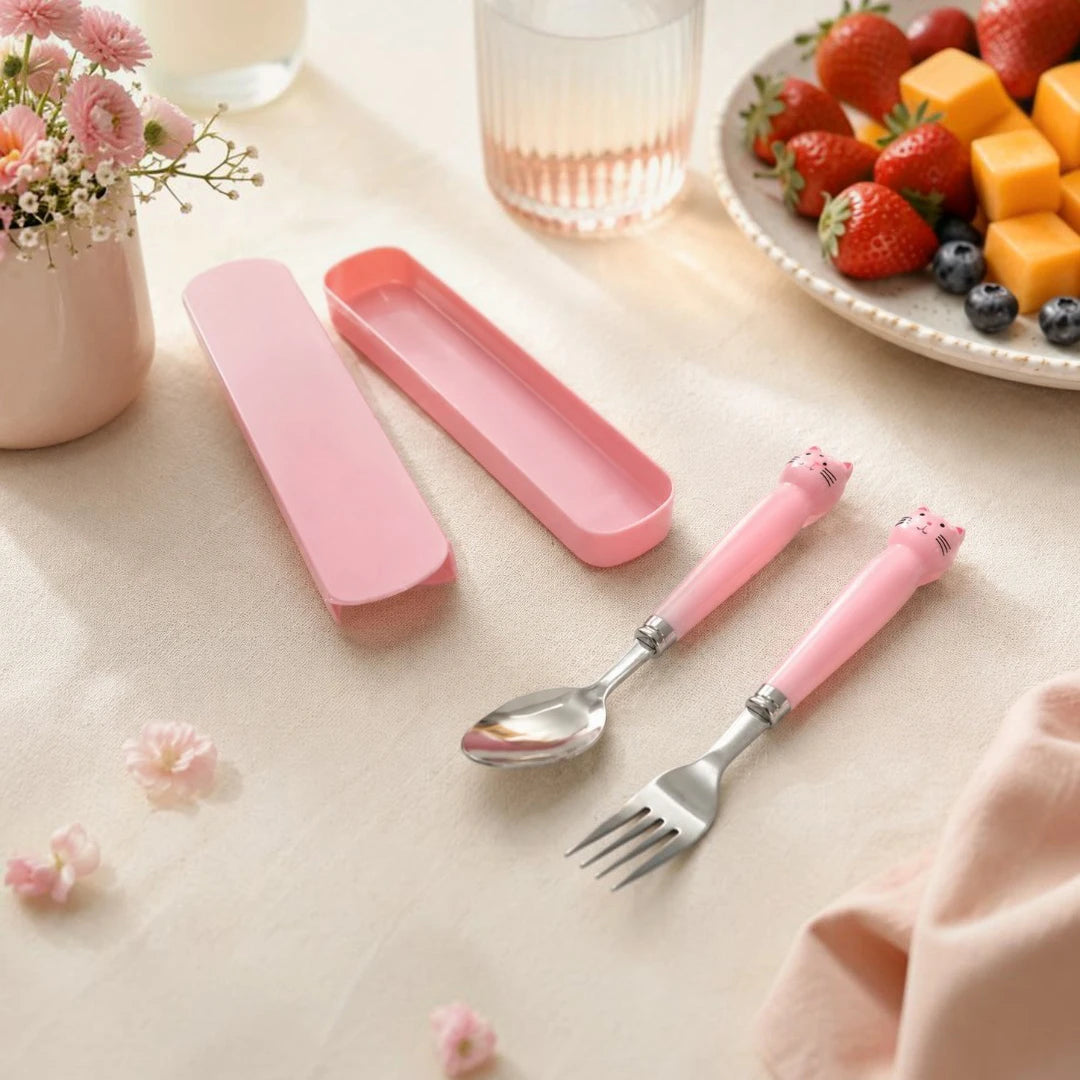KittyBloom Kids Spoon & Fork Set with Travel Case
