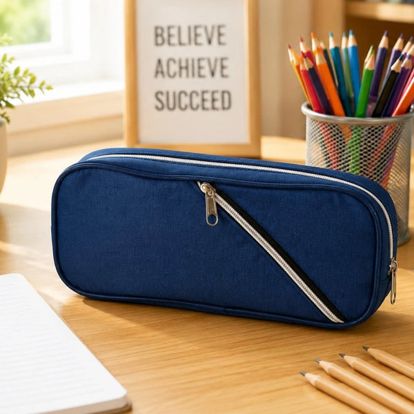 Navy Edge Dual-Zip Pencil Pouch