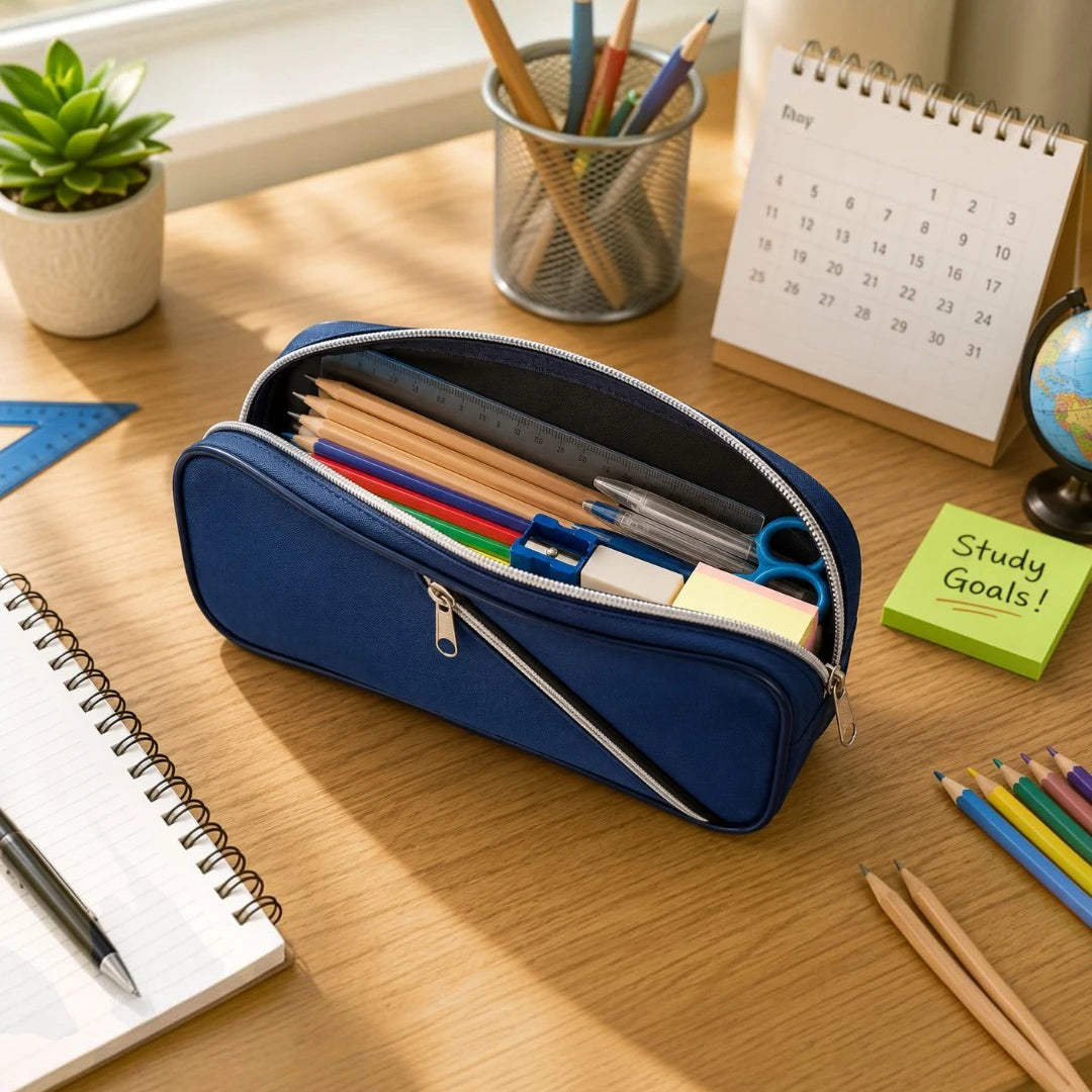 Navy Edge Dual-Zip Pencil Pouch
