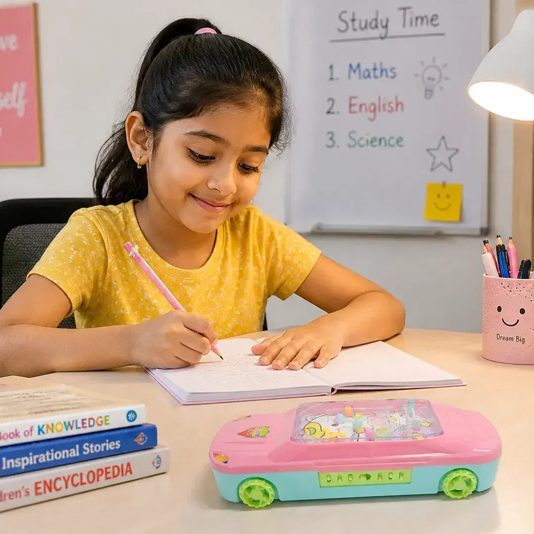 Pink Car-Shaped Password Lock Pencil Box with Mini Pinball Game