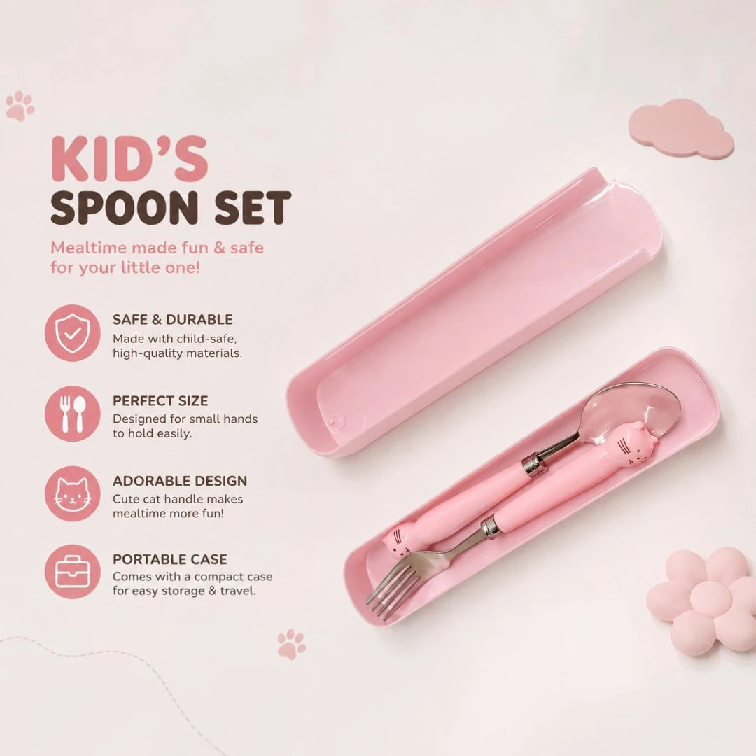 KittyBloom Kids Spoon & Fork Set with Travel Case