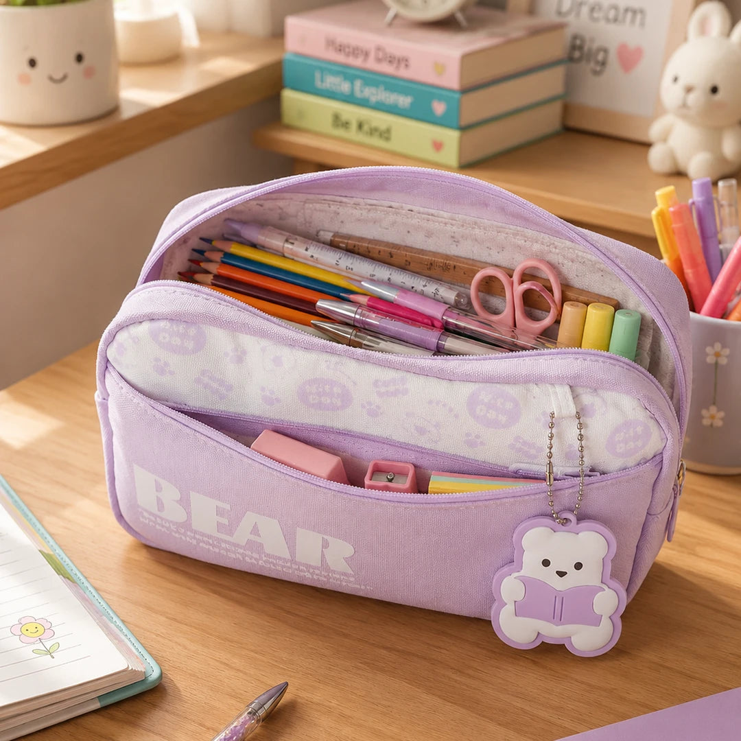 Lavender Bear Charm Pencil Pouch
