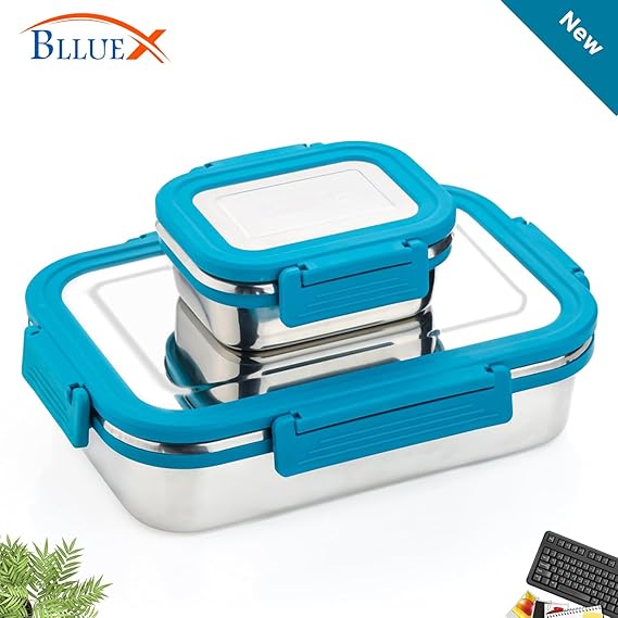 Stainless Steel Tiffin Lunch Box with 4 Side Silicone Sleeve Clip Lock Lid