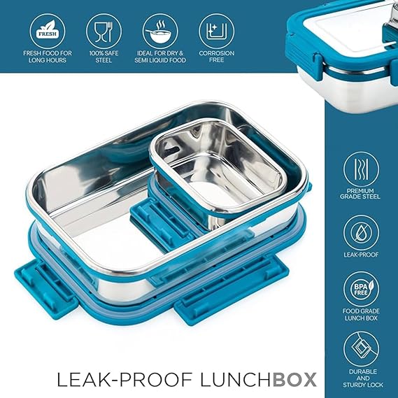 Stainless Steel Tiffin Lunch Box with 4 Side Silicone Sleeve Clip Lock Lid