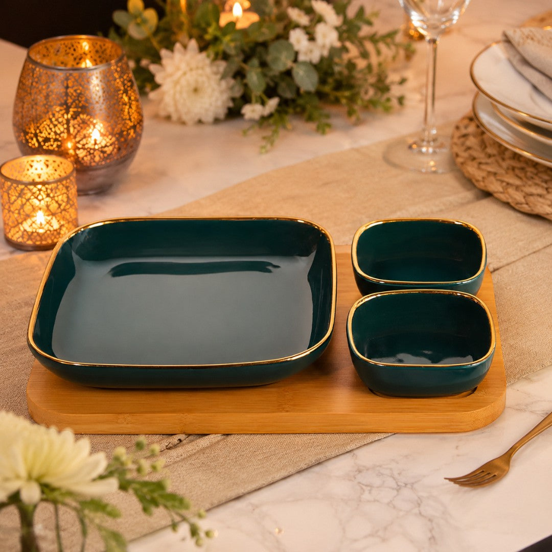 DARK GREEN GOLDEN LINED TRIO BOWL SET (3PCS)