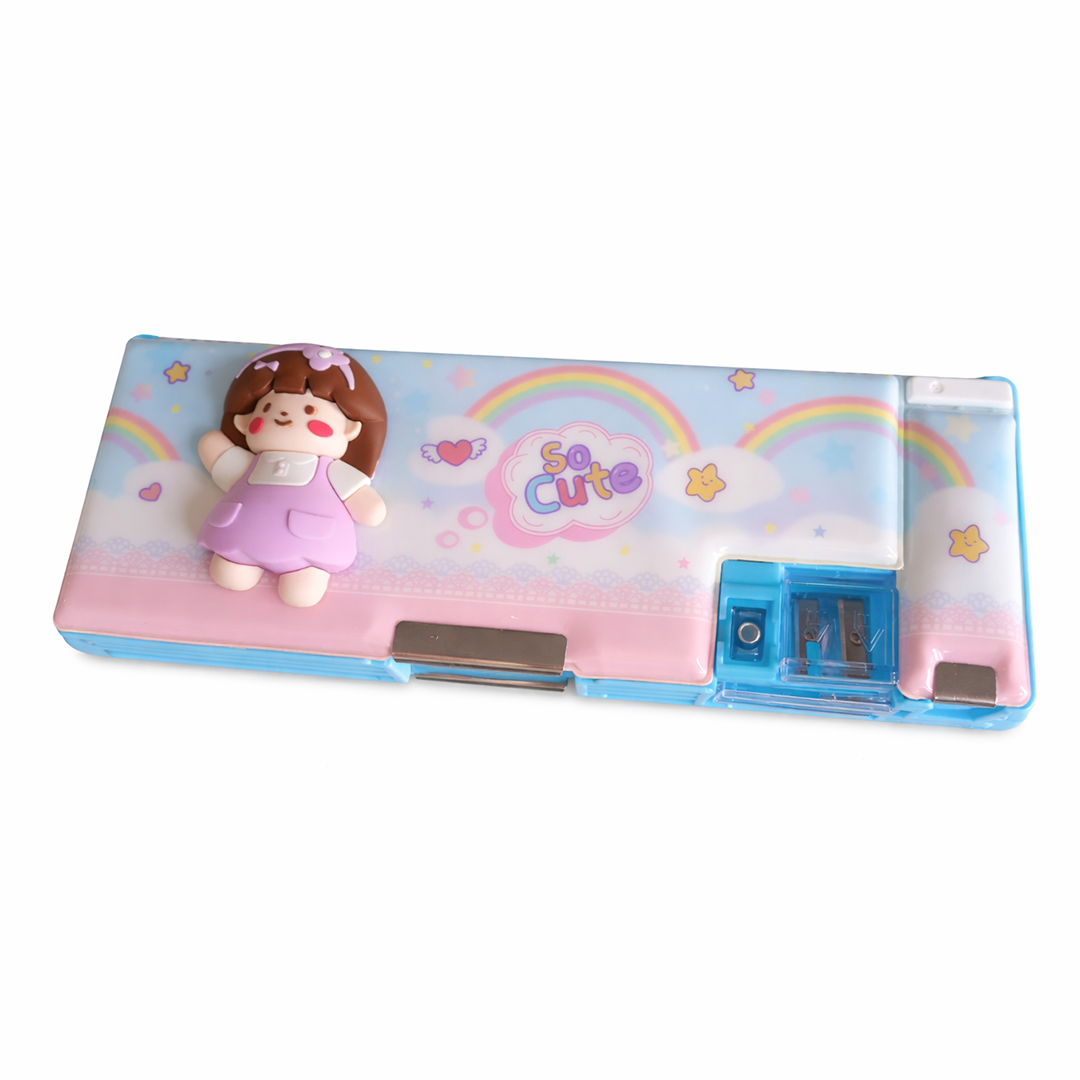 Cute Doll Theme Pencil Box with Built-in Sharpener and Compartments Pink