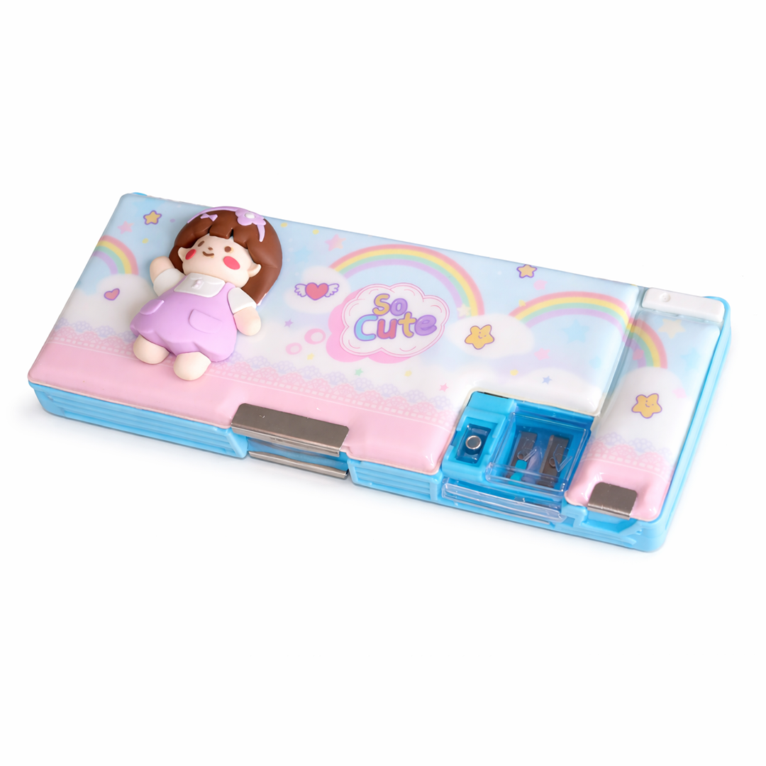 Cute Doll Theme Pencil Box with Built-in Sharpener and Compartments Pink